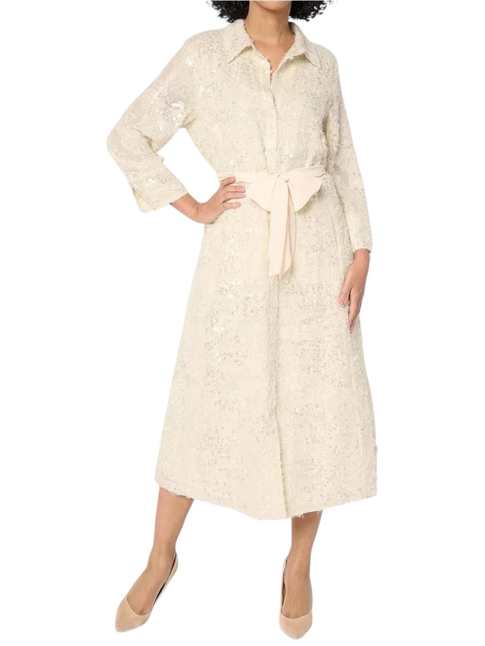 Dennis Basso Ivory Sequin Belted Midi Shirt Dress Glam Party Wedding Guest Large